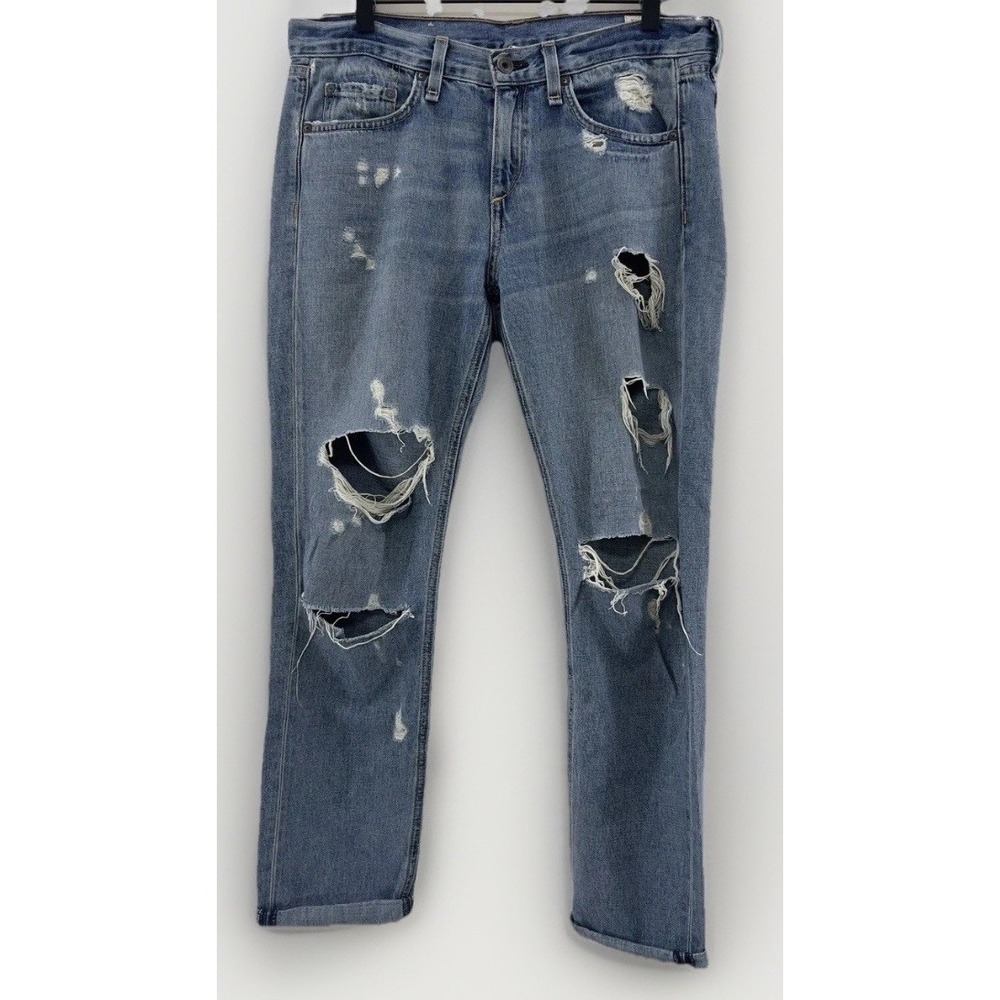 Rag & Bone / JEAN Boyfriend Distressed Beckers Blue Denim Grunge Slouchy Ripped